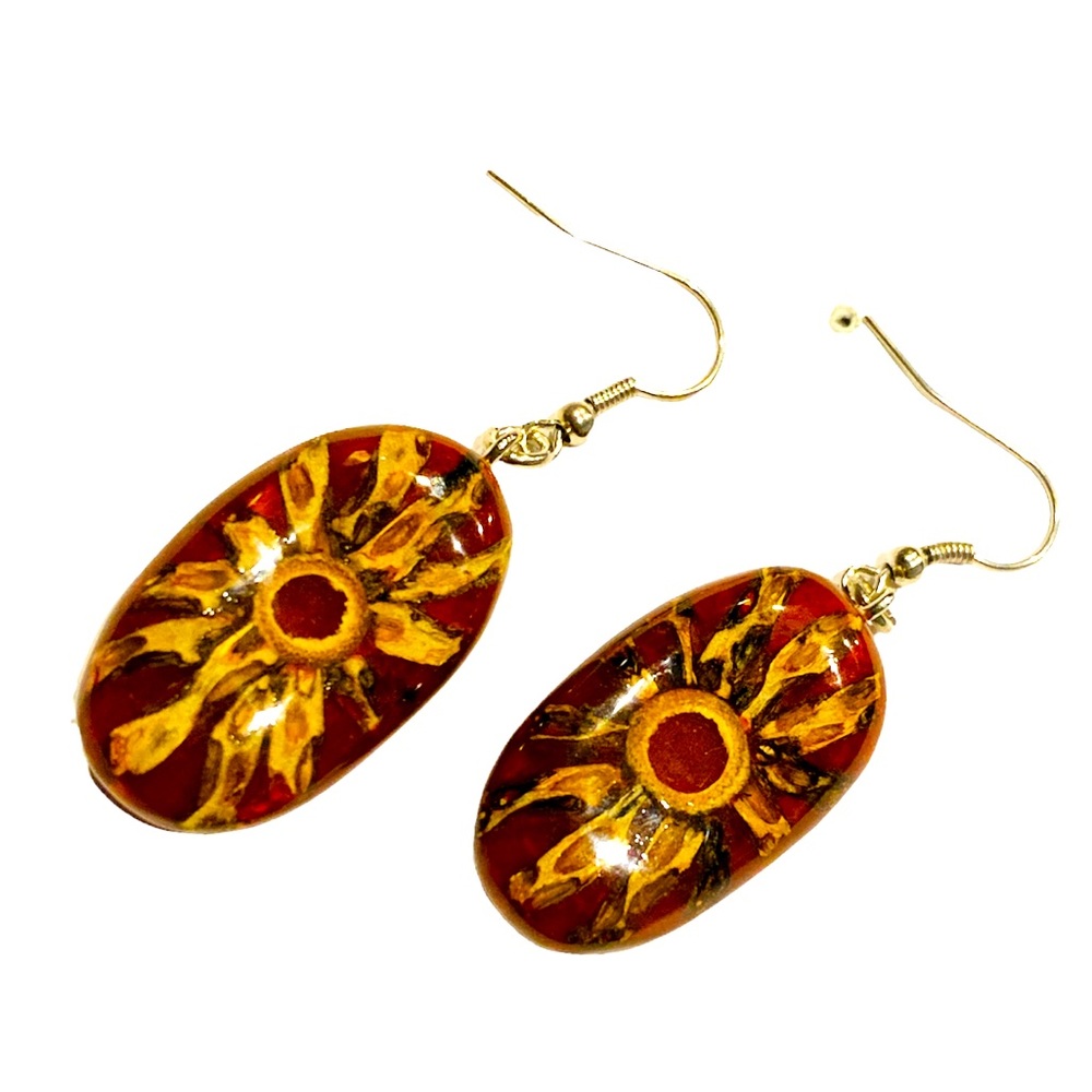 Hand crafted Oval Red Sunburst Inlaid Vine Earrings